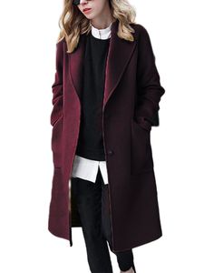 Damen Winter Modisch Und Vielseitig Revers Knopf Lange Trenchcoat Jacke Einfarbige Farben Tweed Mantel bordeaux,Größe M