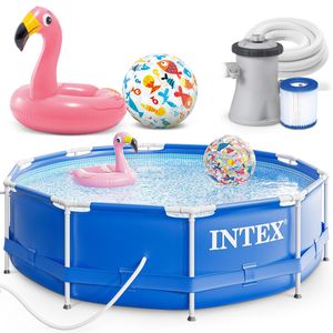 INTEX 305x76 cm Prism Metal Frame Swimming Pool Schwimmbecken Komplett-Set mit Filterpumpe und Extra-Zubehör wie: Strandball und Schwimmring