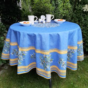 Provence Tischdecke rund Ø 180 cm blau mit Olivenzweigen 100% Baumwolle Küche Terrasse Garten