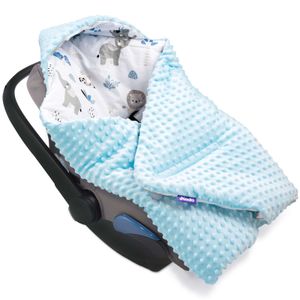 JUKKI® Baby EINSCHLAGDECKE 90x90 cm MINKY mit Kapuze [Blue Safari] für Babyschale Decke Kinderwagen Kindersitz