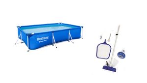 Bestway Steel Pro Framepool mit Reinigungset (bundle) - Stahlrahmen Schwimmbecken mit 7-teilige Pflegeset - 300x201x66 cm - Blau - PVC