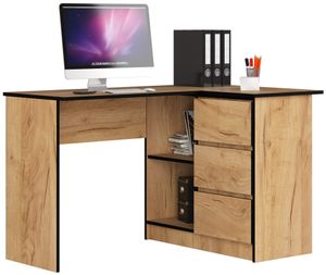 3xEliving LYNNA Desk B16 RIGHT OAK CRAFT Malý rohový psací stůl se třemi zásuvkami, pravá strana, Rozměry: Výška: 77 cm, Šířka: 124,5 / 85 cm, Hloubka: 45 / 48,5 cm