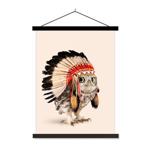MuchoWow® Textilposter Tier - Eule - Indianer - Vogel 120x160 cm mit schwarzem Rahmen - Magnetischer