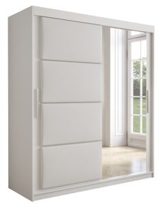 Kleiderschrank, Schiebetürenschrank Schlafzimmer, Schrank mit gepolsterten Paneelen TAPI 2 180 cm weiß / weißes Ökoleder