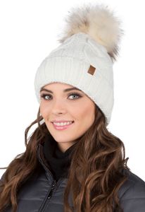 Vivisence Strickmütze für frauen - Bommelmütze Für Damen Kopfbedeckung Winter Herbst - Mütze mit bommel Warme wintermütze Dick Gestrickte - Ecru