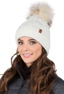 Vivisence damen bommelmütze, warm und gemütlich kopfbedeckung an winter und herbst,  wintermütze mit bommel, warm dick strickmütze, klassisch mütze für frauen, hergestellt in der eu, ecru, einheitsgrö