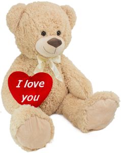 BRUBAKER XXL Teddybär 100 cm groß Beige mit einem I Love You Herz Plüschtier Kuscheltier