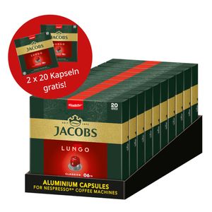 JACOBS Kapseln Lungo 6 Classico 200 Nespresso®* kompatible Kapseln +2x 20 gratis