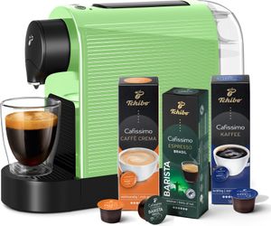 Tchibo Cafissimo „Pure plus“ Kaffeemaschine Kapselmaschine inkl. 30 Kapseln für Caffè Crema, Espresso und Kaffee, 0,8l, 1250 Watt, 11,9 x 33,7 x 24 cm, Happy Matcha
