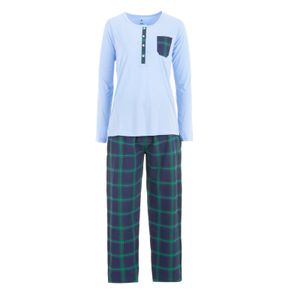 Damen Pyjama lang Baumwolle Schlafanzug kariert, Größe:M, Farbe:Hellblau