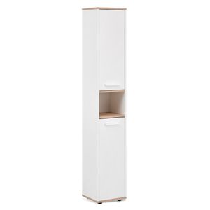 BadeDu ARC Hochschrank mit verchromten Griffen  Schrank für das Badezimmer (30 cm x 177 cm x 28 cm)  Badschrank schmal aus Holz in Weiß und Eiche