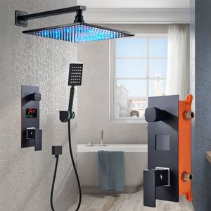 LED Unterputz Brausegarnitur Schwarz 40cm Kopf Mischbatterie Duscharmatur Duschsystem mit Temperaturanzeige