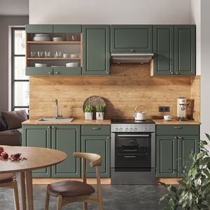 Livinity® Küchenzeile Fame-Line, 240 cm ohne Arbeitsplatte, Grün-Gold Landhaus/Goldkraft Eiche