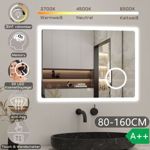 Badspiegel mit Schminkspiegel 80×60cm Warm/Neutral/Kaltweiß dimmbar Memory Touch/Wandschalter Beschlagfrei Wandspiegel Spiegel mit Explosionsgeschützte