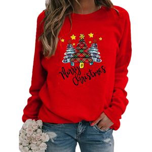 Damen Sweatshirts Rundhals Warmer Pullover Tree Print Jumper Tops  Weihnachts Lose Fit  Rot,Größe:M