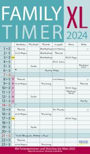 XL Family Timer 2024: Familienplaner mit 6 breiten Spalten. Hochwertiger Familienkalender mit Ferienterminen, extra Spalte, Vorschau bis März 2025 und nützlichen Zusatzinformationen.