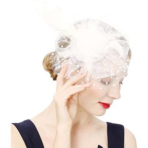 Perlen Dekor Dot Print Metall Clip Fascinator Hut Mesh Blume Feder Dekor Party Kopfbedeckung Haarschmuck-Weiß