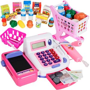 Malplay Xxl Supermarket s nákupním vozíkem | Růžová | Supermarket Toy Set Play Supermarket | Skener pokladny | Uzamykatelná zásuvka s penězi | Pro děti od 3 let