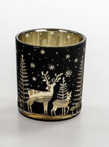 Windlicht Kerzenhalter schwarz/gold Winterlandschaft mit Reh 8cm Formano