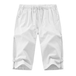 Herren 3/4 lange Shorts Elastische Taille Leinen Baggy Combat Dreiviertelhose,Farbe: Weiß,Größe:XXL