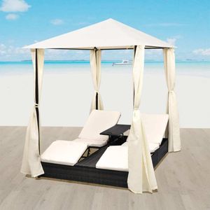 Doppel-Sonnenliege mit Vorhang Poly Rattan Schwarz , Gartenliegen Design 2024