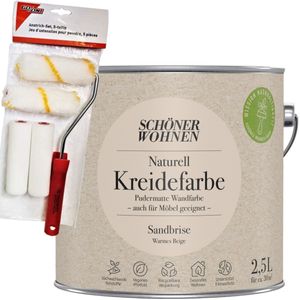 2,5L Schöner Wohnen Naturell Kreidefarbe Sandbrise, Warmes Beige + Farbroller-Set 5-teilig