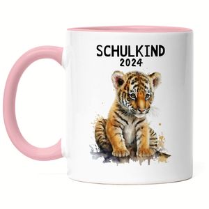 Schulkind 2024 Tiger Tasse Rosa Schulanfang Patenkind Einschulungs-Geschenk Schuleinführung