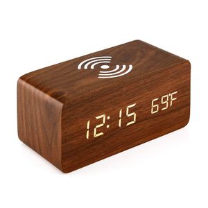 Digitaler Holzwecker mit Wireless Charger, Holz-Digitaluhr, mit Sprachsteuerung /Schlummerfunktion/Datum/Temperatur und  für Zuhause und Büro (Braun)