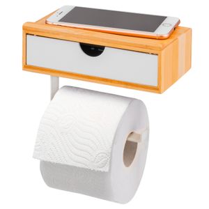 eluno Toilettenpapierhalter, 3in1-Funktion, Feuchttücherbox, Ablage, Bambus/Metall, weiß