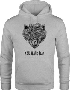Herren Hoodie Lama Bad Hair day Spruch Llama Alpaka Statement Kapuzen-Pullover Moonworks® grau M