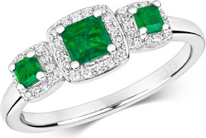 Eleganter 9 Karat (375) Weißgold Trilogie Damen - Diamant Ring Brillant-Schliff 0.15 Karat HI - I1 mit Smaragd, 51 (16.2); TRS2219RSL