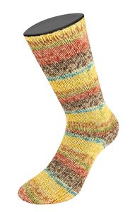 Lana Grossa MEILENWEIT 100 g AKTION! zeitlose 4-fach Sockenwolle 420 m, Farbe:2984 - Gelb/Nougat/Hellgrün gestreift