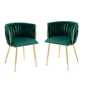 Fortuna-Lai Esszimmerstühle 2er Set Küchenstuhl Polsterstuhl Wohnzimmerstuhl Sessel mit Rückenlehne, Bezug aus Samtstoff, Metallbeine, bis 120 kg, Grün