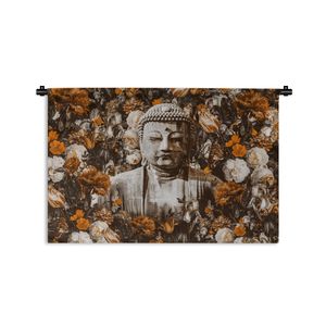 MuchoWow® Tapiserie Věšení na zeď Buddha - Květiny - oranžová 150x100 Tapiserie dekorace Nástěnná šála
