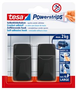 tesa Powerstrips Klebehaken Large Eckig - 2 x selbstklebende Wandhaken, schwarz