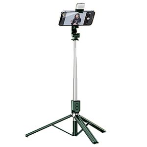 Handy Stativ, Selfie Stick Quad Stativ  360° Rotation Aluminium ausziehbardunkelgrün1,67m mit Licht