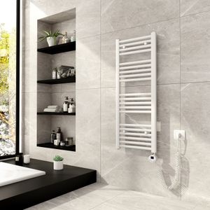 Meykoers Heizkörper Handtuchhalter Elektrisch mit Thermostat Badheizkörper 100x40cm Weiß Elektrische Handtuchwärmer mit 300W Heizstab für Handtuchtrocknung und Heizung