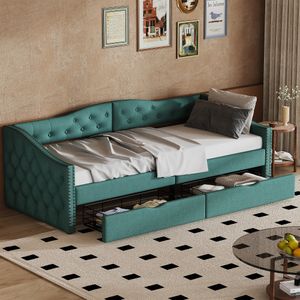 Čalúnená posteľ Flieks 90x200cm s 2 zásuvkami, rozkladacia pohovka s lamelovým roštom, denná posteľ s opierkami rúk a chrbta, posteľ pre hostí z ľanového plátna, zelená