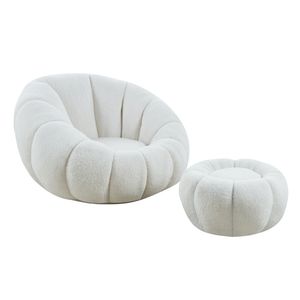 cosyou Sessel mit Hocker für Wohnzimmer & Schlafzimmer, Fernsehsessel Teddystoff - 360° drehbar weiß