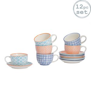 Nicola Spring 12 Stück Hand Printed Cappuccino Tasse und Untertasse Set - Japanische Art Porzellan Kaffee Teacups - 3 Farben - 250ml