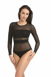 Damen Body Mesh Bodysuit Blusenbody Unterhemd Body Langarm Stripy, Größe:2XL, Farbe:Schwarz