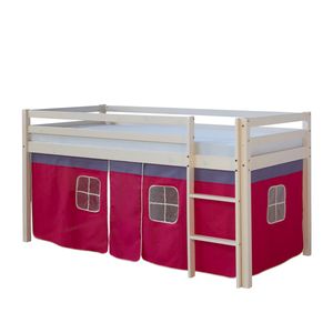 Homestyle4u 538, Detská podkrovná posteľ s rebríkom, záclona ružová, masívne drevo biela borovica, 90x200 cm