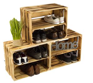 3 x Schuhschrank Schuhregal aus geflammten Holzkisten Schuhablage für 12 Paar Schuhe als Schuhständer Schuhaufbewahrung aus Holz Maße 50x30x40cm
