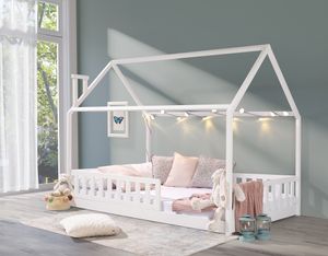 Hausbett »Kinderbett ROSI 140x200 in Weiß im skandinavischen Still Abenteuerbett« (Set, Bett aus Missivholz mit Lattenrost und Rausfallschutz)