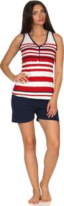 Maritimer Damen Achselhemd Shorty Pyjama kurzarm in Streifenoptik und mit Knopfleiste ; rot , 40