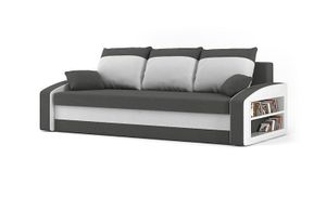 Couch HEWLET 220x90 mit REGAL RECHTS und Schlaffunktion - Schlafcouch mit Bettkasten - STOFF HAITI 14 + HAITI 0 Hellgrau&Weiß