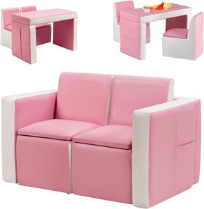 COSTWAY Kindersofa, 2 in 1 Doppelsofa umwandelbar, Tisch und Zwei Stühle, Kindersessel mit Holzrahmen und PVC-Oberfläche, Kindercouch mit Stauraum Rosa
