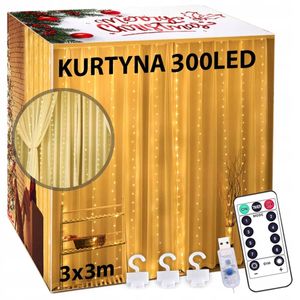 Kurtyna Świetlna Led Girlanda Świąteczna 3X3 300 Led Ciepła