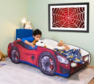 Alcube® Autobett 70x140 cm mit LED-Beleuchtung PKW Spider CAR mit Matratze und Lattenrost Kinderbett 140x70 cm für kleine Spinnenmann - Rot