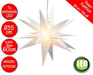 Leuchtstern inkl. warm-weißer LED Beleuchtung | Weihnachtsstern Advent Stern Deko beleuchtet | für Innen und Außen geeignet | mit Timerfunktion | 18 Spitzen | Weiß | Ø35cm